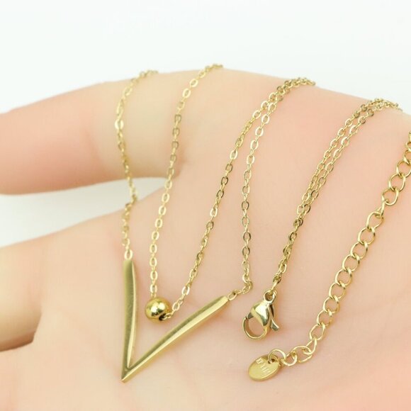 Layered Yellow Necklace with V-Shaped Pendant and Gold Bead, XPNL0370 - Picture 2 of 13